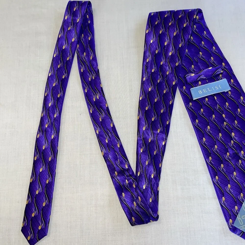 Belisi Men’s Dress Tie Size 57” Purple Wave Pattern Silk Business Formal Party
